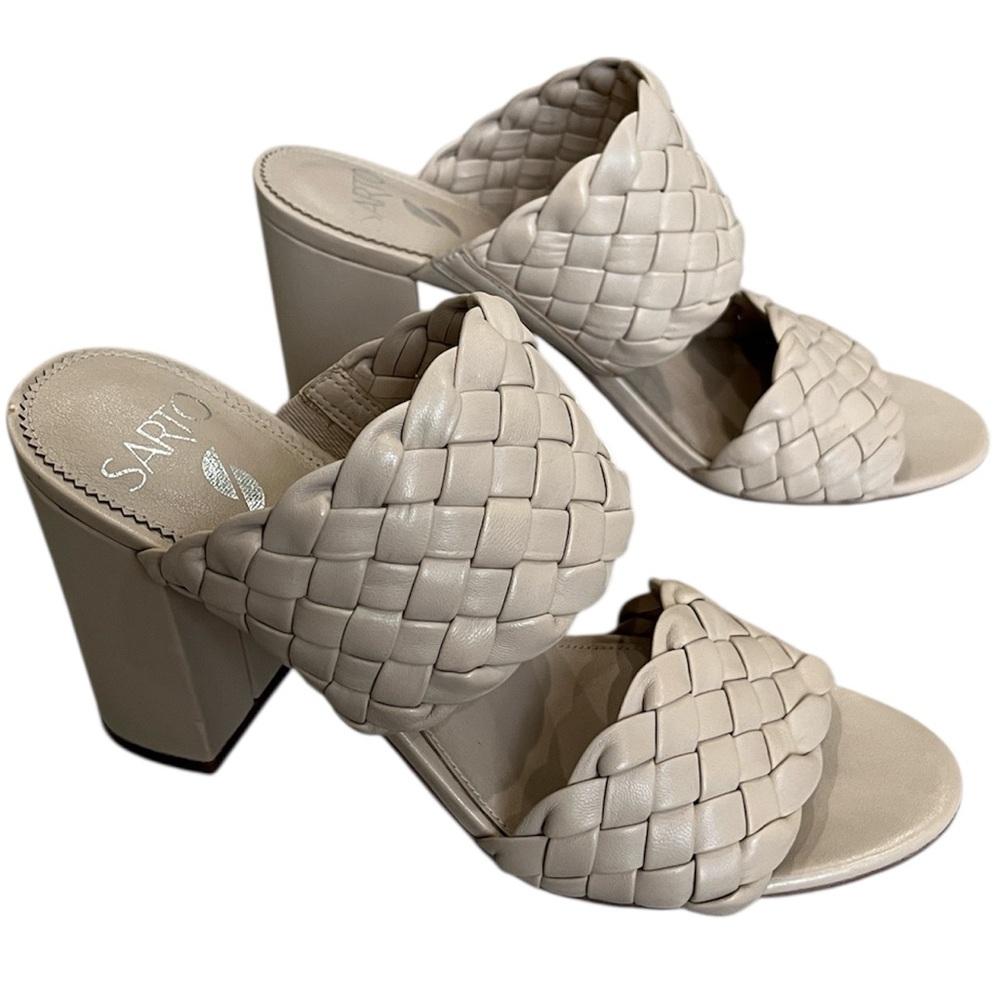 Sarto Braided Block Heel Sandals Beige Leather Womens‎ 7 Wedding Classic Chic